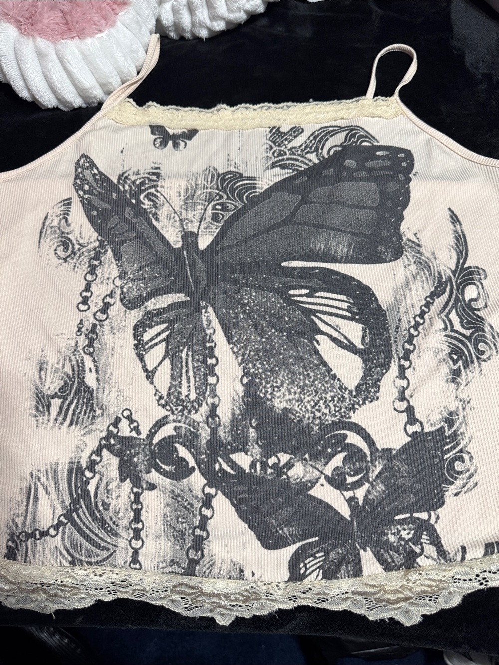 ROMWE Cream Lace-Trim Butterfly Print Cami Tank Top